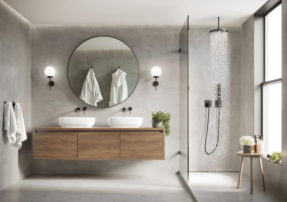 Salle de bain en béton et bois, douche à l'italienne